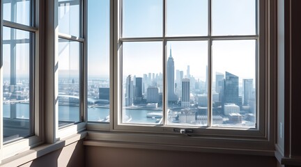 A serene view from a window showcasing a stunning city skyline filled with modern skyscrapers, bathed in natural light and offering a tranquil atmosphere.  