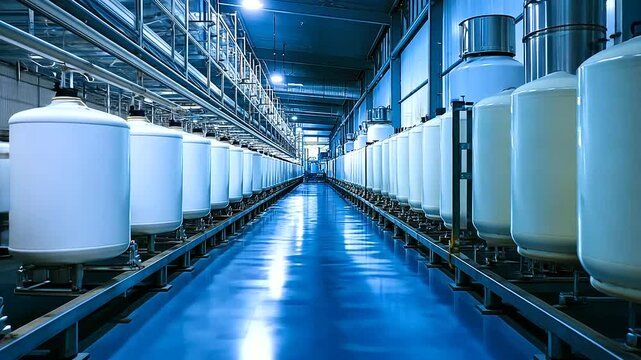Milk storage section of an industrial dairy plant, where temperature-controlled steel tanks ensure optimal preservation of dairy products.