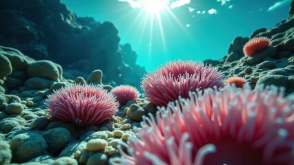 Obraz premium Underwater view of coral reef with pink sea urchins and signs of bleaching 