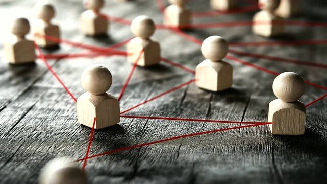 Wooden blocks with person icons connected by red strings, forming an intricate web representing teamwork and professional networking.