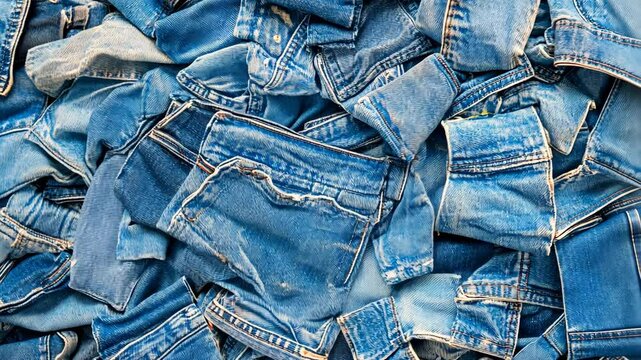 Denim collection displayed in mixed shades of blue with frayed edges and various cuts representing fabric quality and style