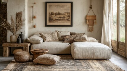 Living room with big sofa, rug and decor in neutral colors
