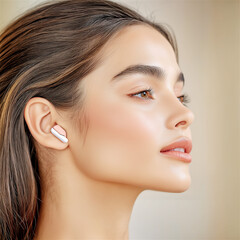 Fototapeta premium A woman smiles as she listens to music through wireless earbuds, reflecting a modern, comfortable lifestyle with the convenience of technology and personal entertainment.