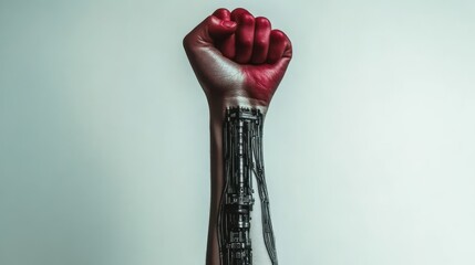 A striking image of a human arm combining organic and mechanical elements, representing the fusion of humanity and technology, highlighting strength and innovation in modern art.