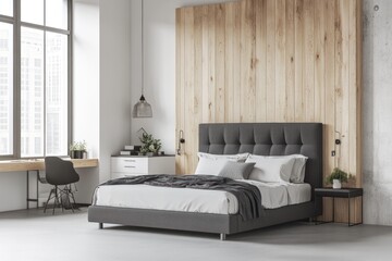Modern bedroom with city view, comfortable bed, wood paneling, and white decor