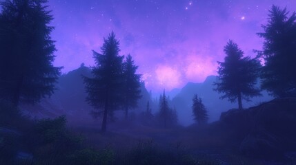 Enchanted Forest Night Mystical Path to Starlit Mountains Fantasy Digital Painting