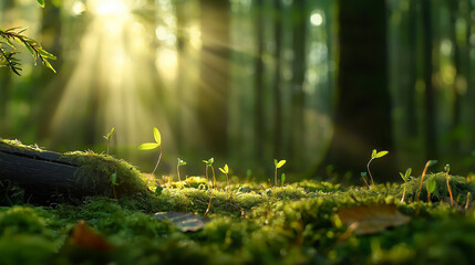 A serene forest floor covered in vibrant moss and dew