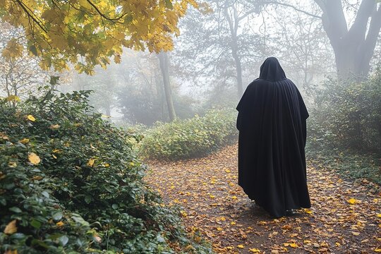Person In Black Robes Walks Down a Path Through Foggy Woods