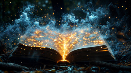 An open antique book showing a landscape of the history inside. Surrealistic image of literature