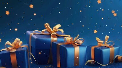 Blue gifts with gold bows under a starry night.
