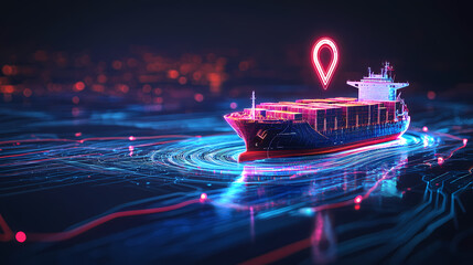 Futuristic hologram of a cargo ship with a location pin, symbolizing global shipping logistics and maritime navigation technology. Movement - Waves. Illustration