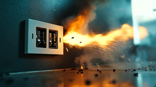 Burning electrical outlet emitting sparks and smoke, potential fire hazard visible, emphasizing the risks of overloaded circuits and poor wiring.