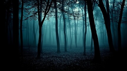 Naklejka premium Mystical Teal Foggy Forest Atmospheric Dark Fantasy Landscape with Mysterious Trees and Hazy Depths, Moody and Ominous Vibe