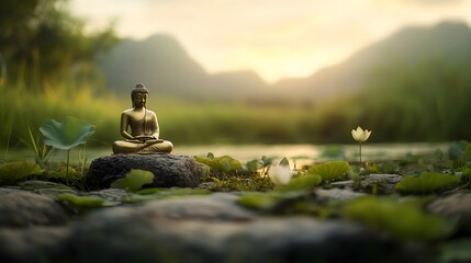 Buddha statue sitting on lotus leaf amid tranquil mountain lake. meditation figure in misty forest, mountain backdrop. spiritual, meditation, retreats, yoga, Buddhist, mindfulness. Horizontal banner