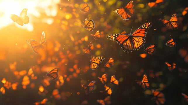 Swarm of monarch butterflies, danaus plexippus group during sunset. Movement - Waves. Illustration