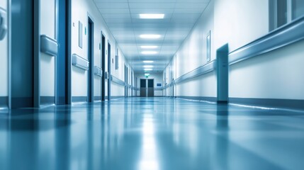 Fototapeta premium Empty hospital hallway, sterile and calm.