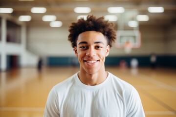 Obraz premium Smiling portrait of a young male African American basketball player wearing a white t shirt in an indoor basketball gym