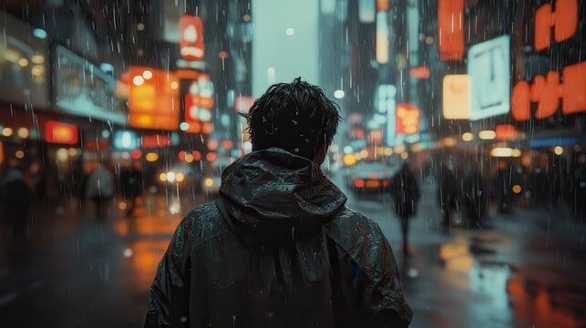 Fototapeta Young hispanic male in rainy urban night scene with city lights and busy streets