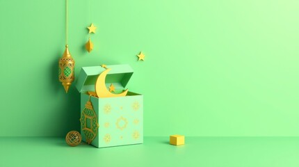 Open Gift Box with Crescent Moon Stars Lantern Eid Mubarak