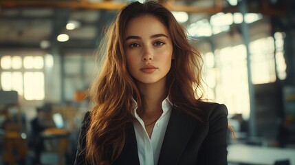 Fototapeta premium Confident young caucasian female in business attire at industrial workspace