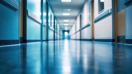 Fototapeta premium Long hospital corridor, teal walls, shiny floor.