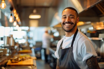 Obraz premium Portrait of a smiling American chef in restaurant kitchen