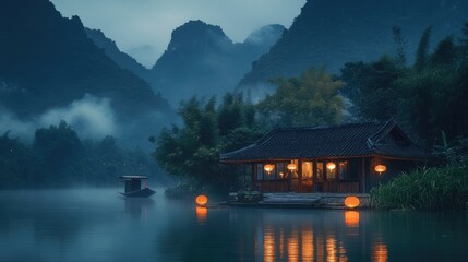 Fototapeta premium Serene Asian Houseboat at Dusk: Misty Mountains, Tranquil Waters, Illuminated Lanterns