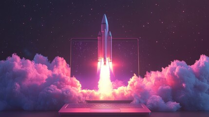 Futuristic rocket launching from laptop in starry sky