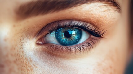 Obraz premium Close-up of female caucasian young adult with freckles and blue eye reflections