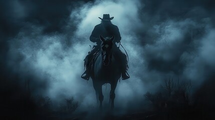 Fototapeta premium Silhouette of cowboy on horseback amidst mysterious fog at night