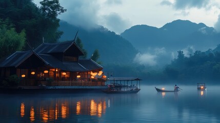 Naklejka premium Serene Lakeside House with Illuminated Lanterns at Dusk, Misty Mountains in Background