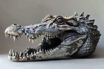 Obraz premium A detailed, textured sculpture of a crocodile skull, with an eye of topaz, against a plain background, A surreal interpretation of a crocodile skull with exaggerated features