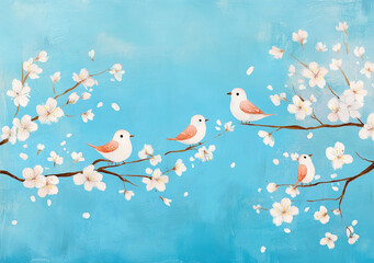 Three birds perch delicately on a cherry blossom tree branch
