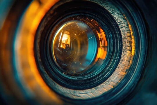 Close-up of a vintage camera lens reflecting a warm, blurry interior scene.