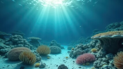 Sunlit underwater coral reef with signs of bleaching and environmental impact	
