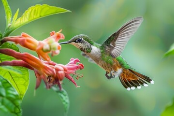 Fototapeta premium A young girl with dark hair and bright blue eyes looks out of a window, her profile illuminated by the warm light of the sun, The elegant curve of a hummingbird's beak as it sips nectar from a flower
