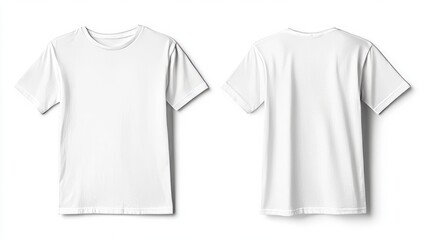 Front and back view of a white short-sleeved shirt on a white background for mockup purposes. 

