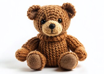 Obraz premium Adorable Brown Knitted Teddy Bear on White Background - Long Exposure Photography