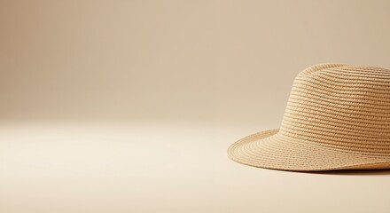 Straw hat on a soft beige background conveying a relaxing vibe and representing summer leisure