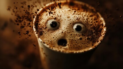A whimsical image of a coffee cup with expressive eyes, appearing surprised as coffee splashes around, inviting fun and creativity in beverage photography.