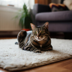 Obraz premium Relaxed tabby cat lying on a soft fluffy rug in a warm and inviting home interior with natural lighting and cozy decor
