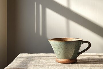 Speckled Green Ceramic Pitcher on Linen with Light and Shadow