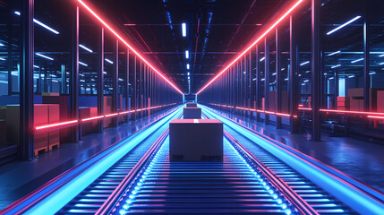 A long conveyor belt with boxes moving through an industrial warehouse with blue and red lighting. Movement - Waves. Illustration