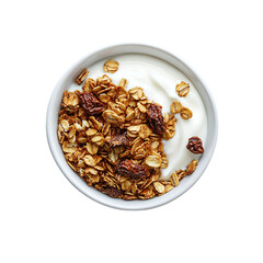 Bowl of granola with yogurt isolated on white transparent background