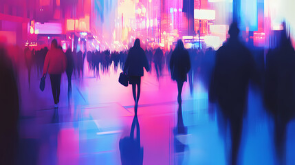 Obraz premium A vibrant urban scene with blurred pedestrians walking in a bustling shopping district, capturing the essence of city life. Movement - Waves. Illustration