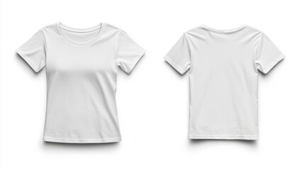 For a mockup of two white short-sleeve t-shirts placed side by side with a white background. 