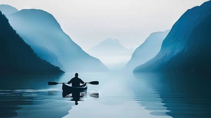   A person kayaking amidst a body of water against backdrops of majestic mountains and enigmatic fog