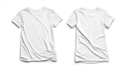 For a mockup of two white short-sleeve t-shirts placed side by side with a white background. 