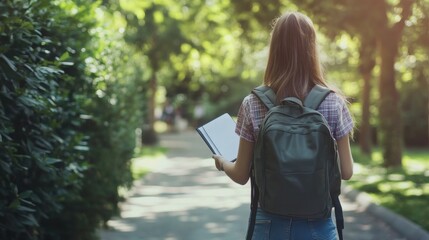 Naklejka premium Walking forward and holding notepad. Schoolgirl with backpack is outdoors
