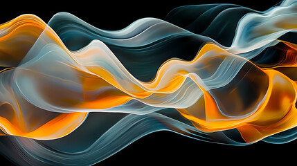 Abstract swirls of light in shades of orange and yellow against a black background. Movement - Waves. Illustration